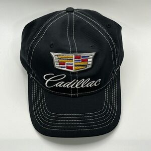 Cadillac Hat. Black. Adjustable Strap. Embroidered Logo. White Stitching